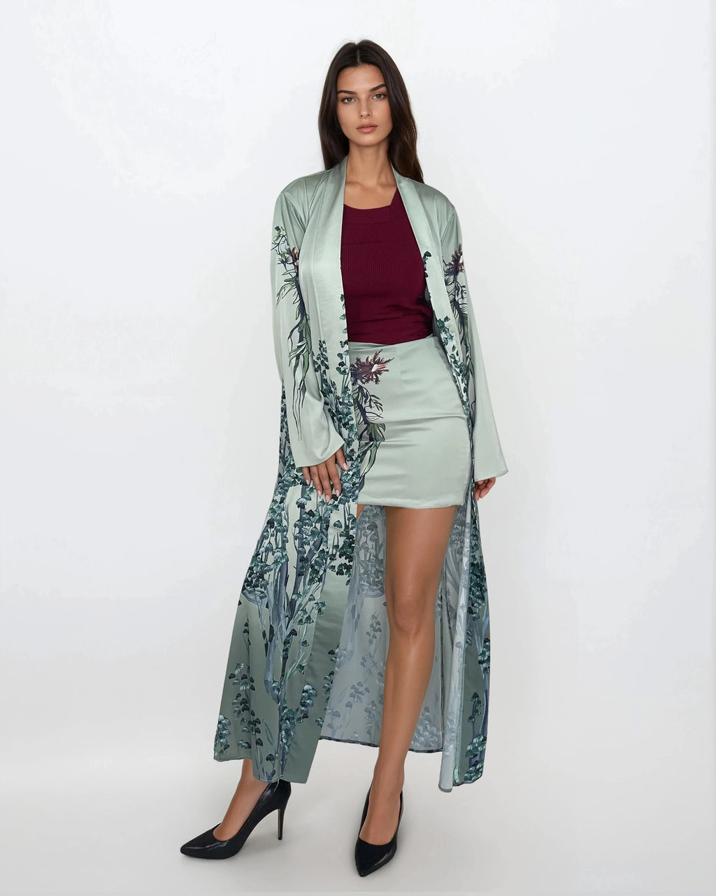 Printed Satin Kimono Robe