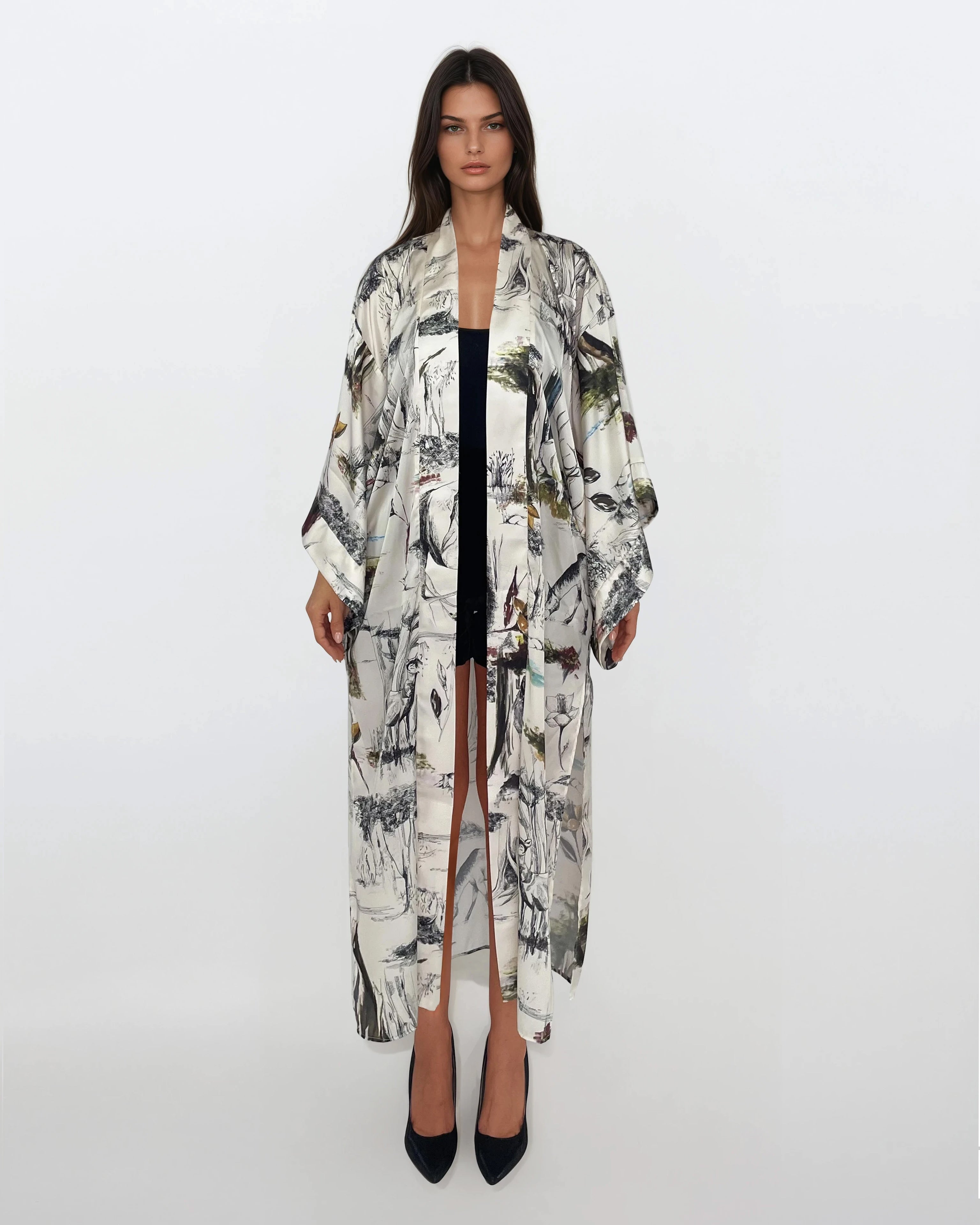 Printed Satin Kimono Robe