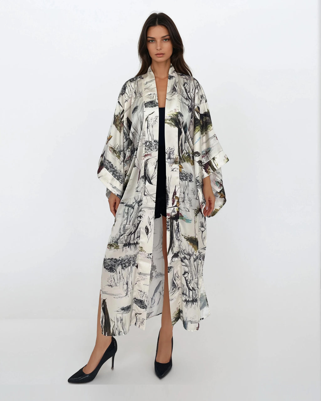 Printed Satin Kimono Robe