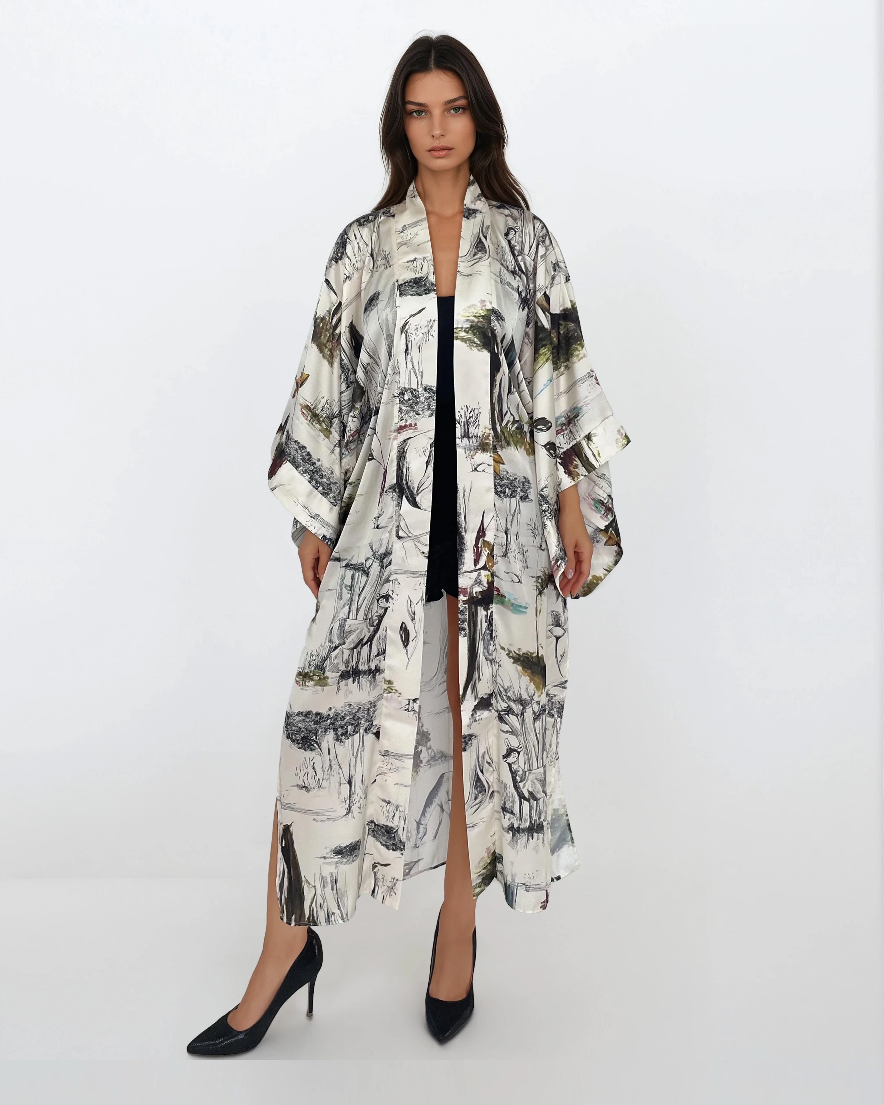 Printed Satin Kimono Robe
