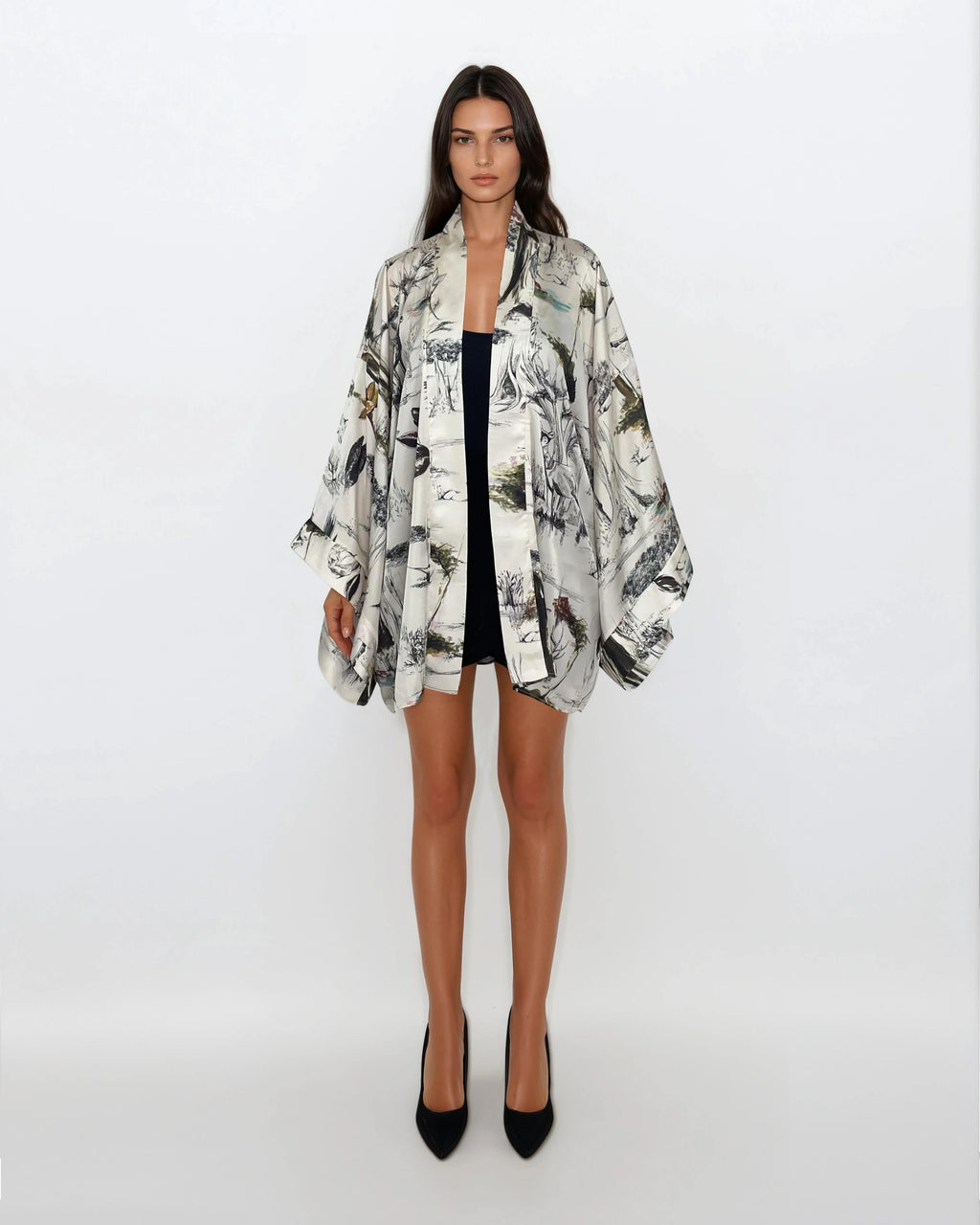 Short Printed Satin Kimono