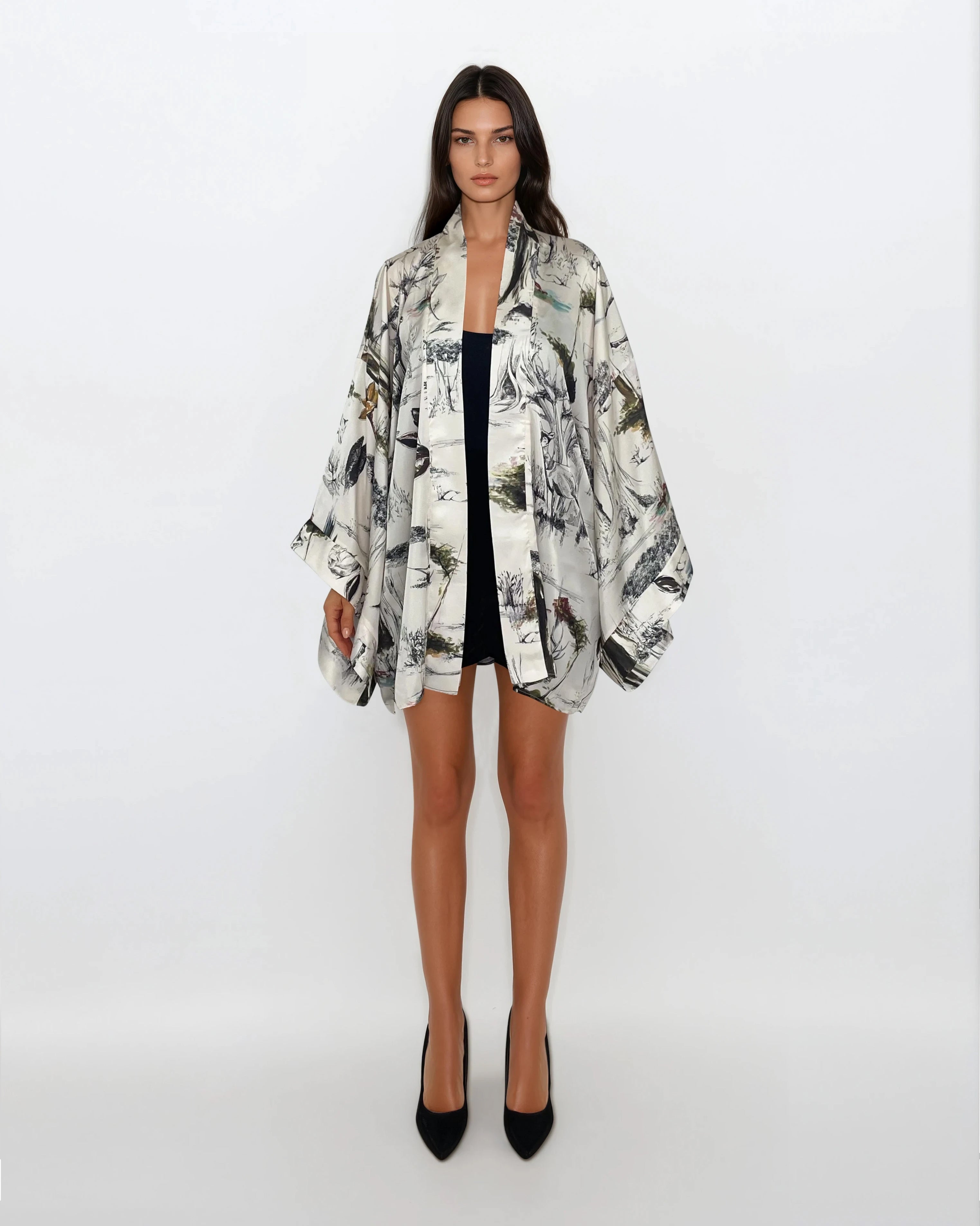 Short Printed Satin Kimono