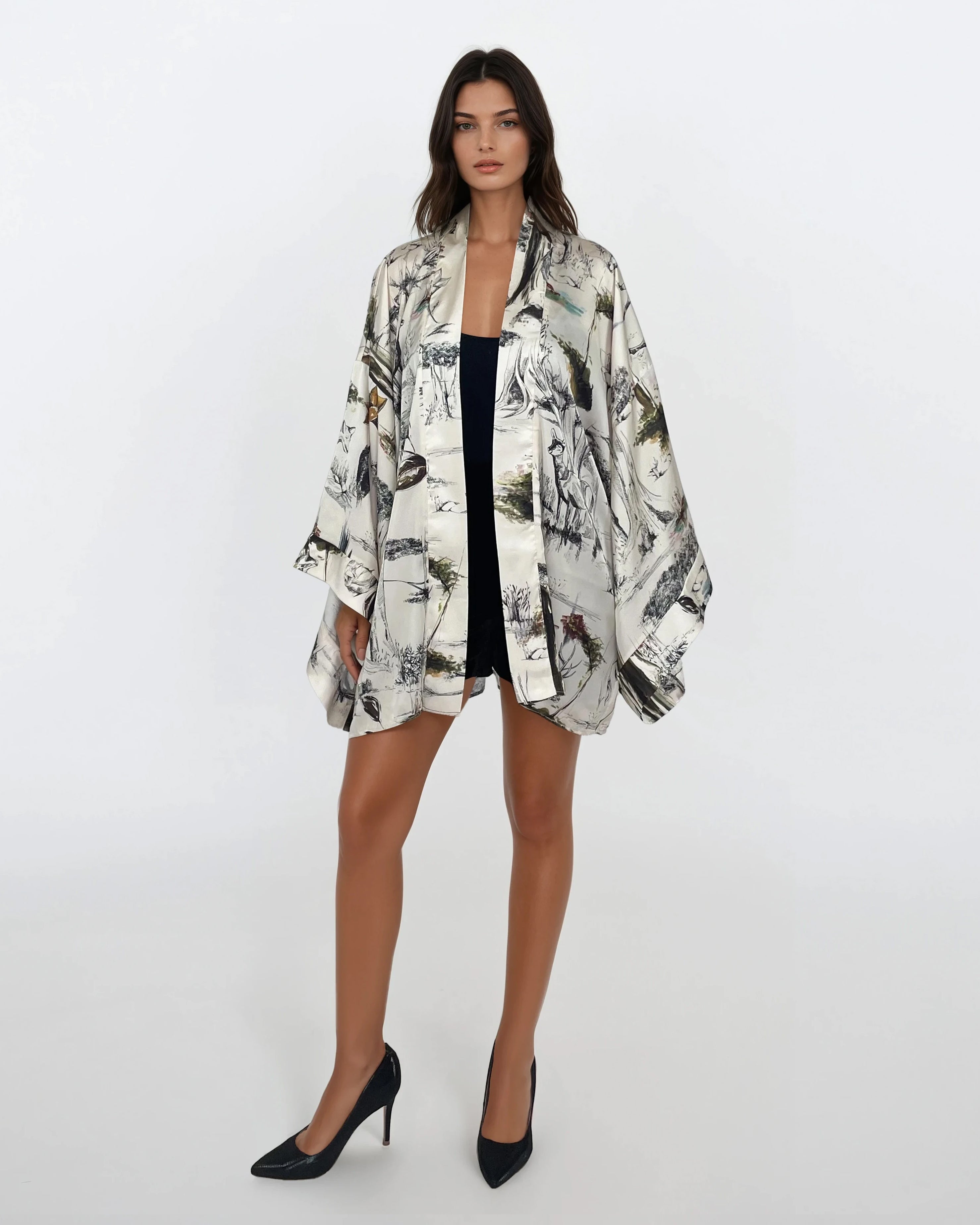 Short Printed Satin Kimono