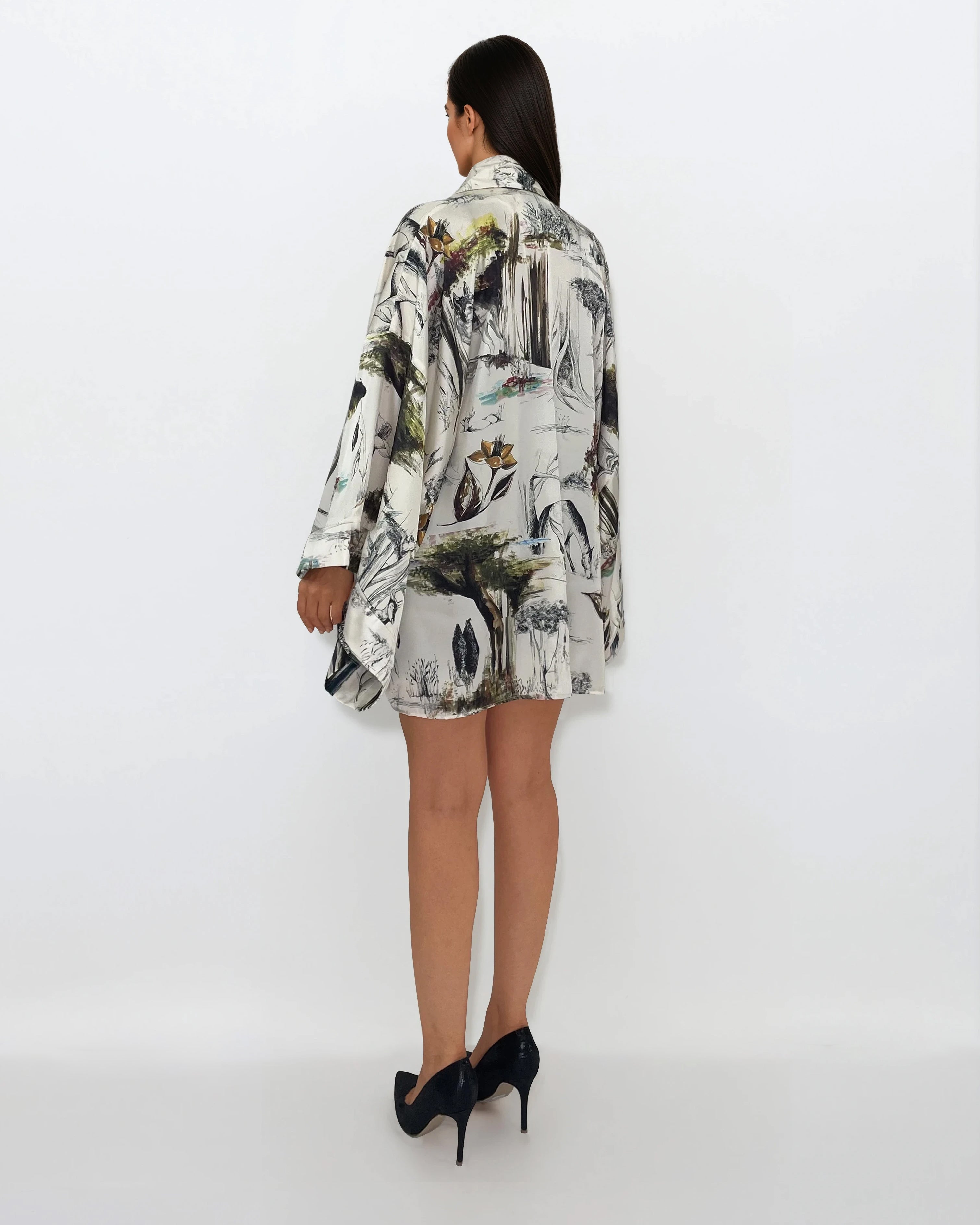 Short Printed Satin Kimono
