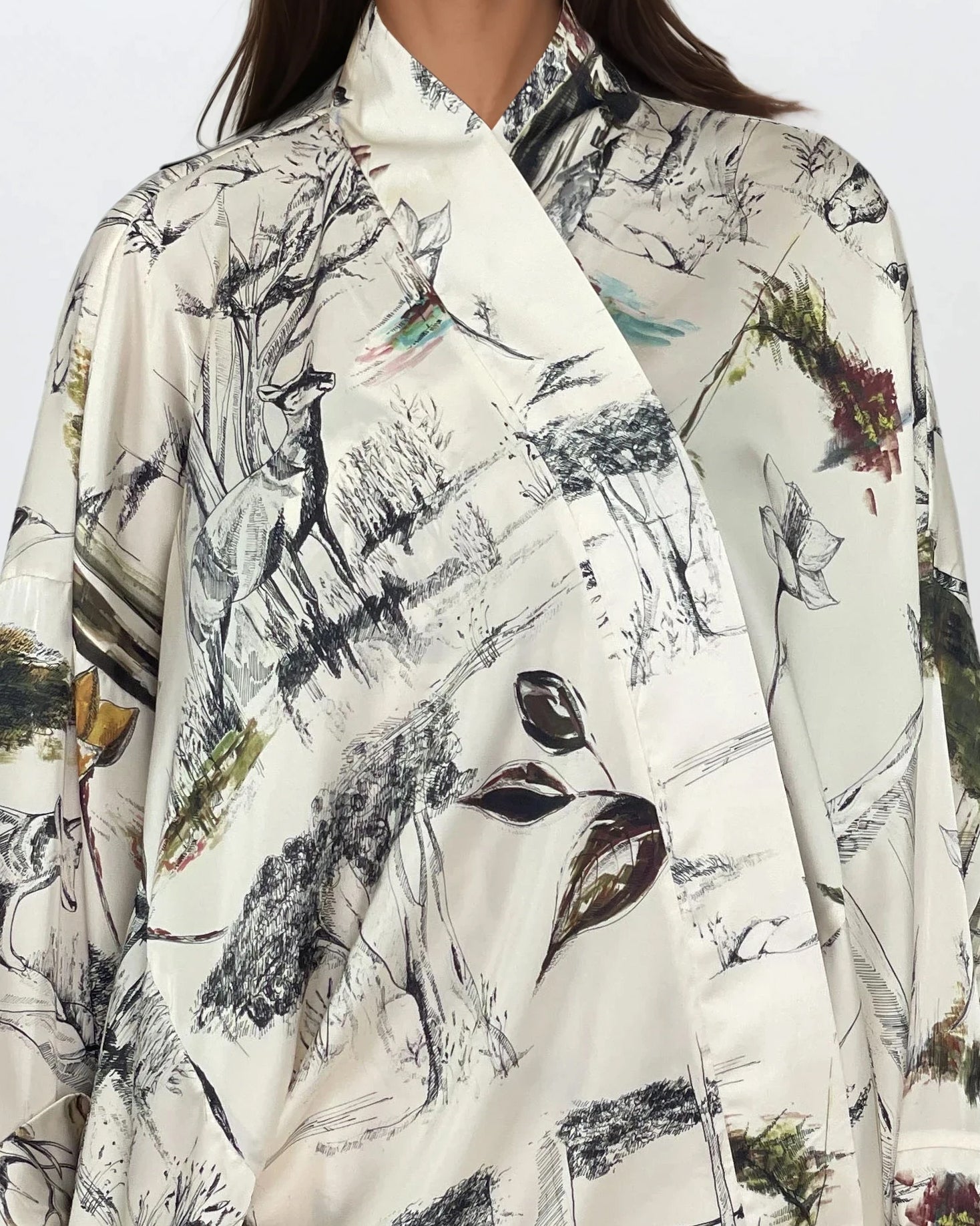 Short Printed Satin Kimono