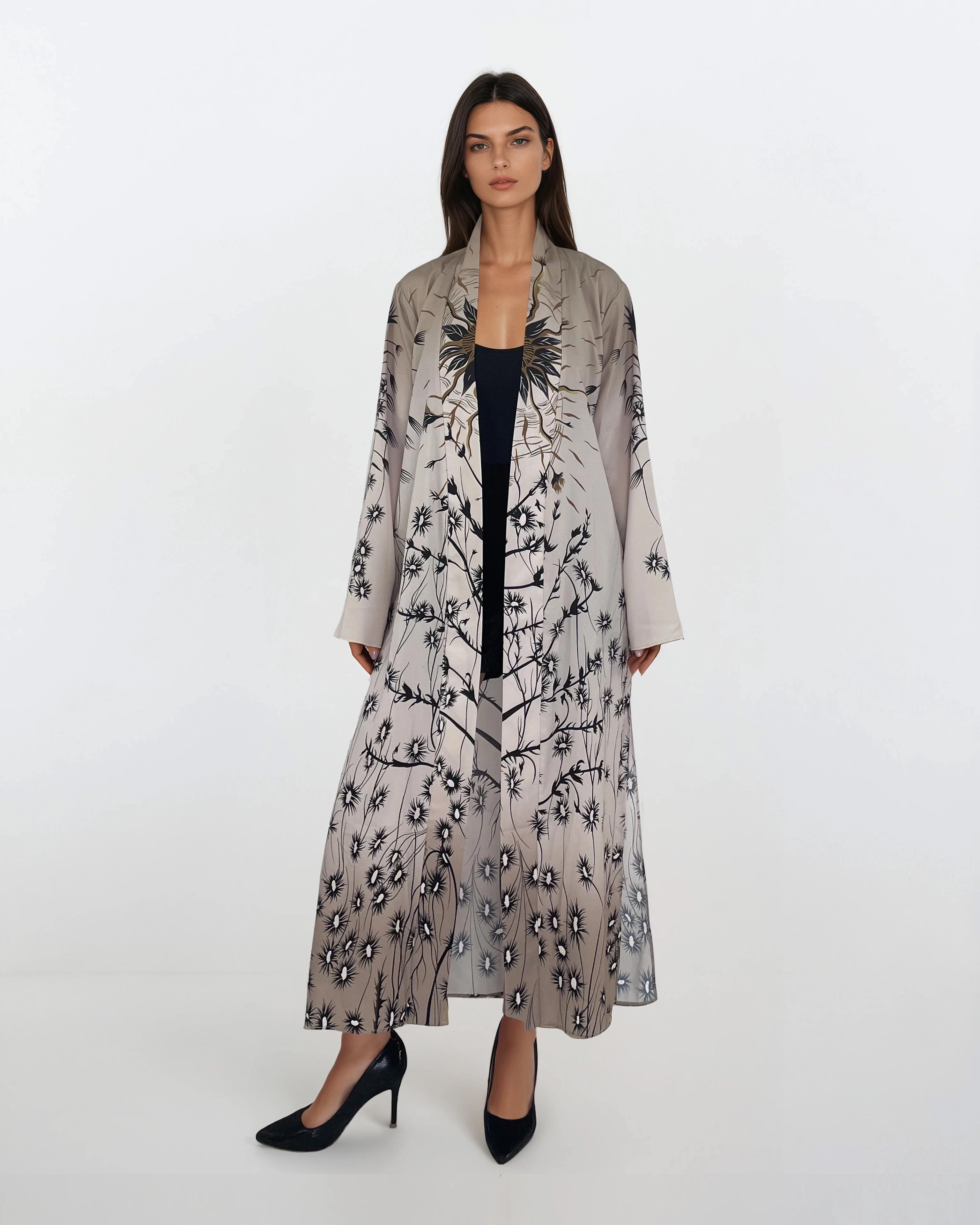 Printed Viscose Kimono Robe - Taupe Floral