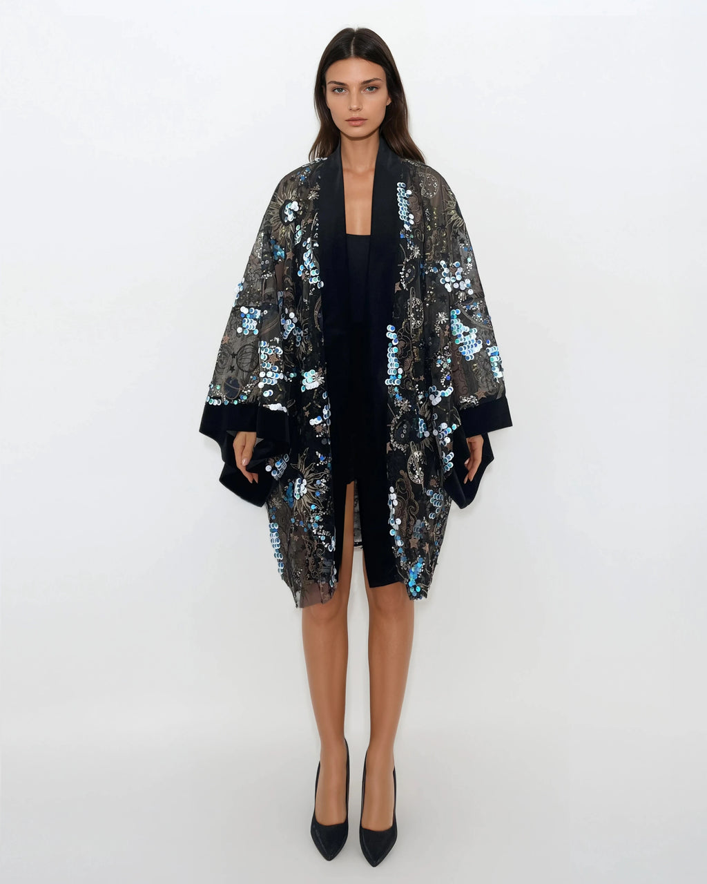 Sequined Lace Kimono - Black Velvet Trim (Short)