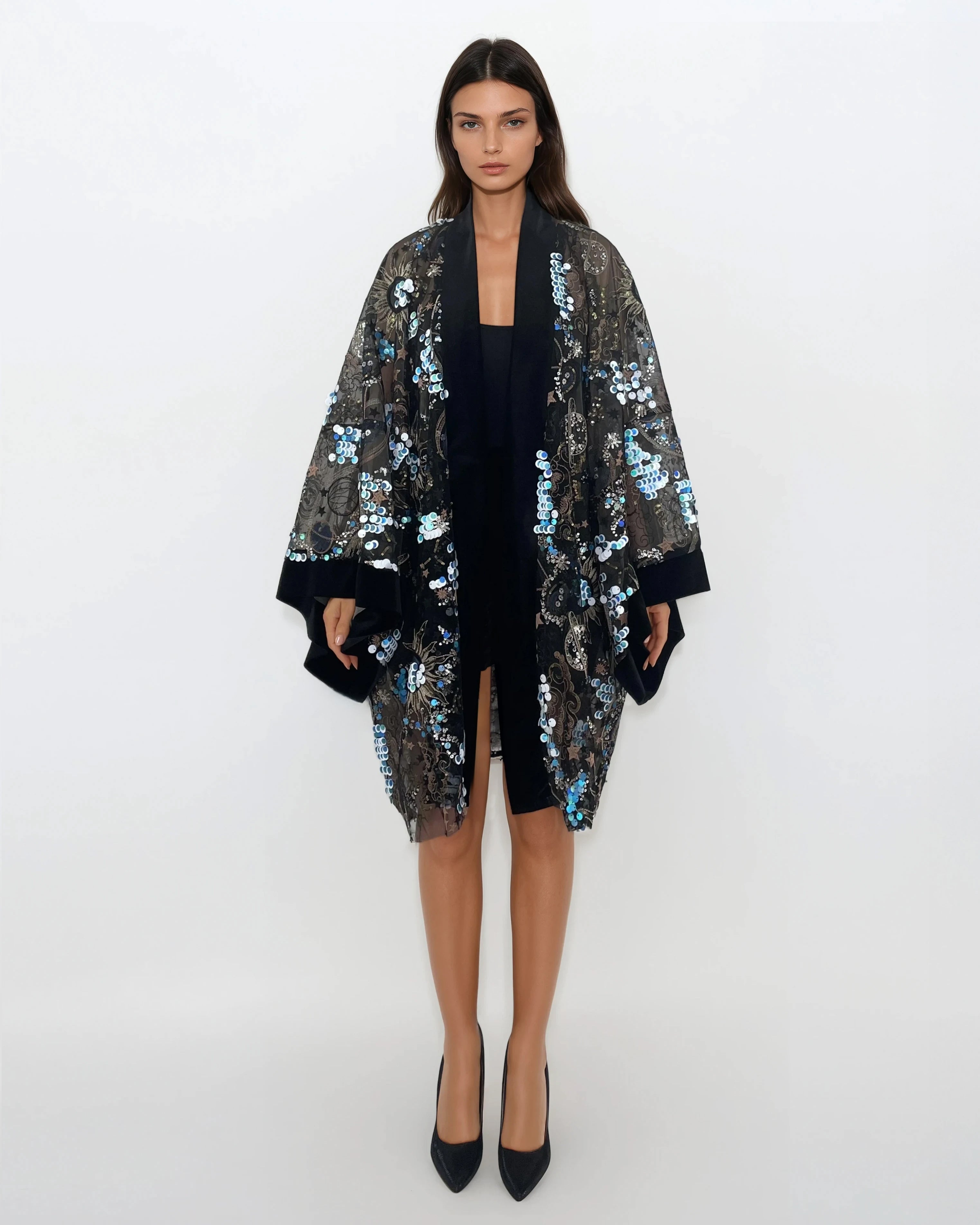 Sequined Lace Kimono - Black Velvet Trim (Short)