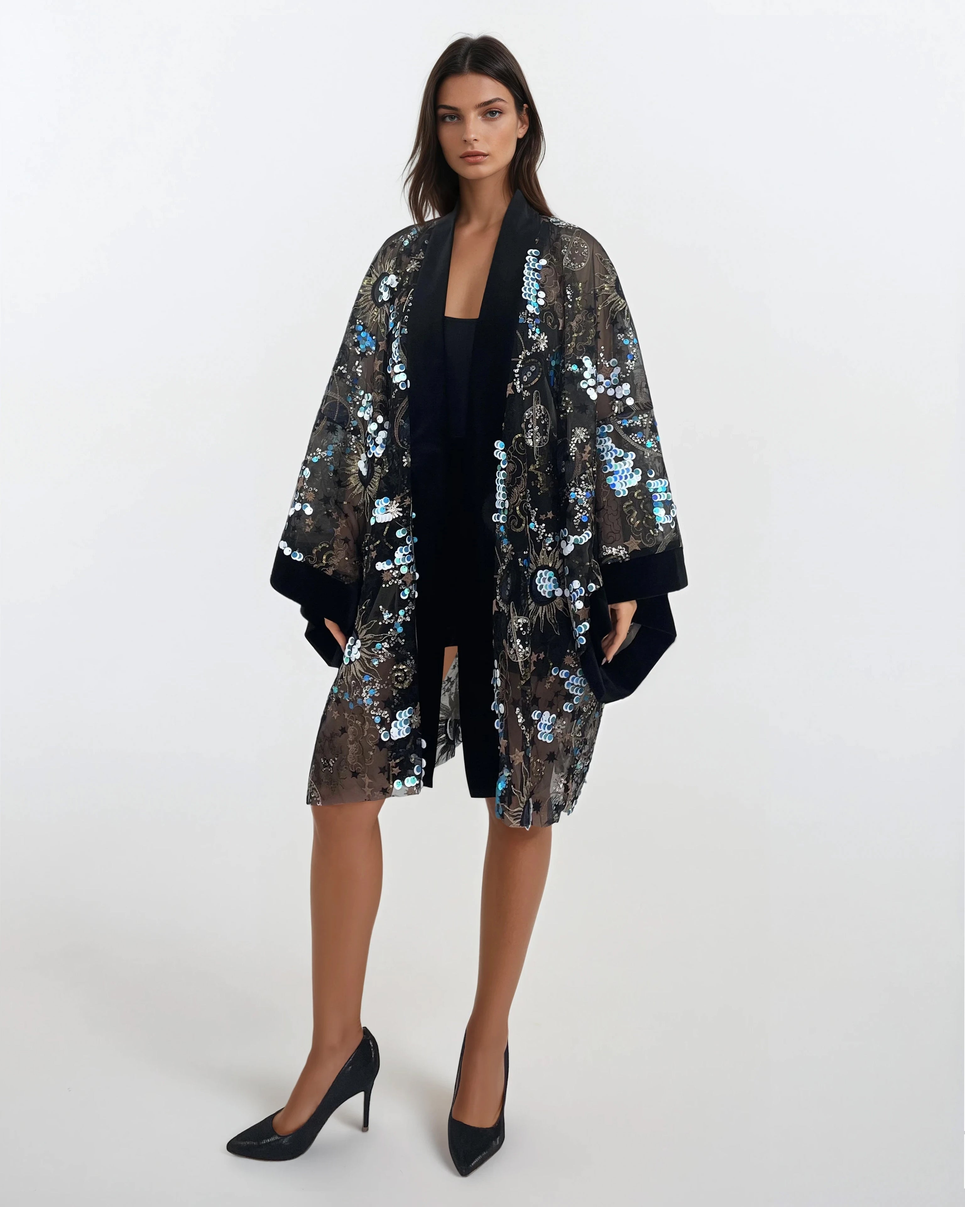 Sequined Lace Kimono - Black Velvet Trim (Short)