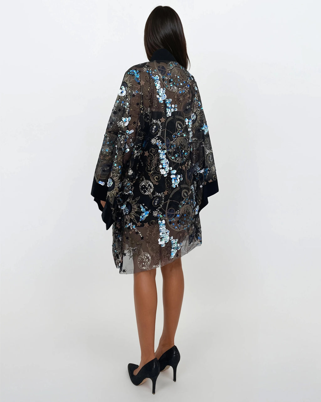 Sequined Lace Kimono - Black Velvet Trim (Short)