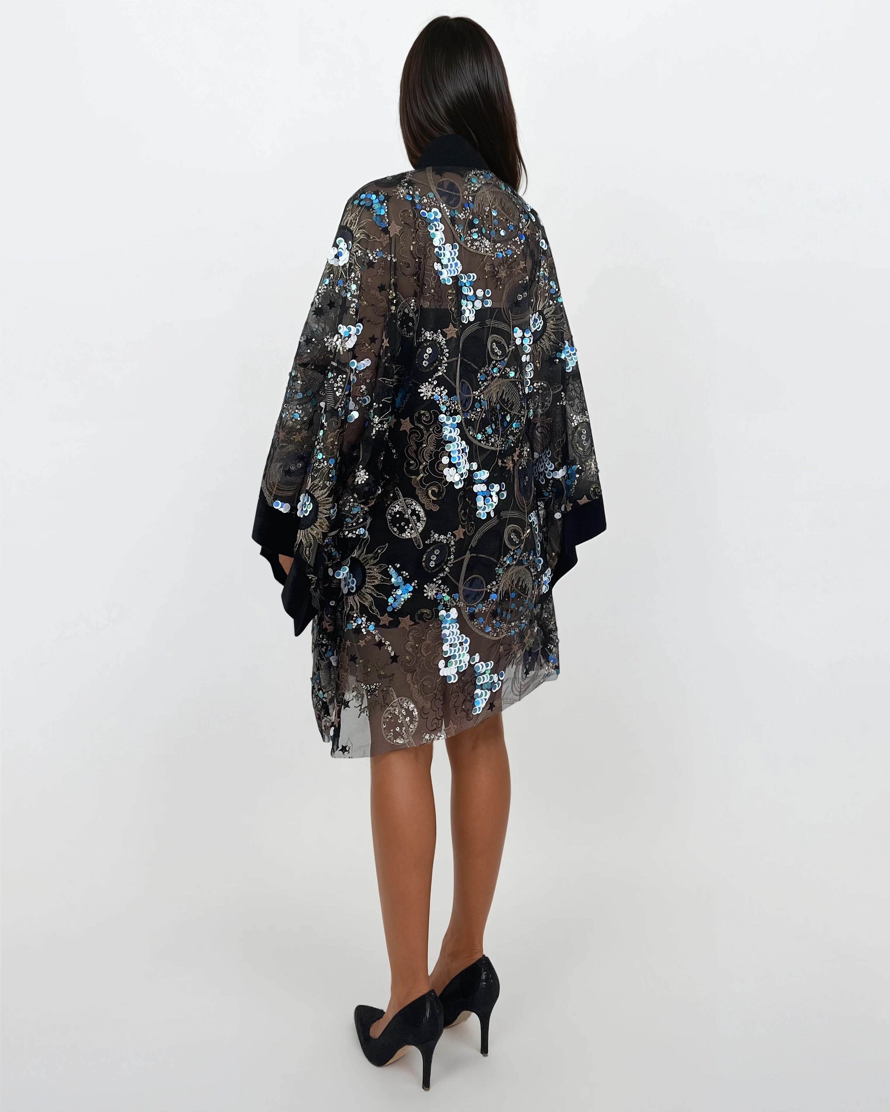 Sequined Lace Kimono - Black Velvet Trim (Short)