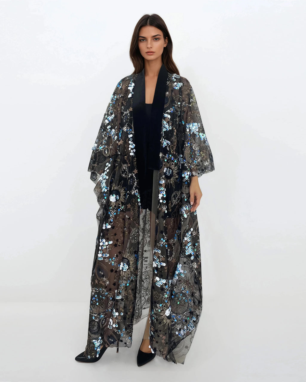 Sequined Lace Kimono - Black Velvet Trim (Long)