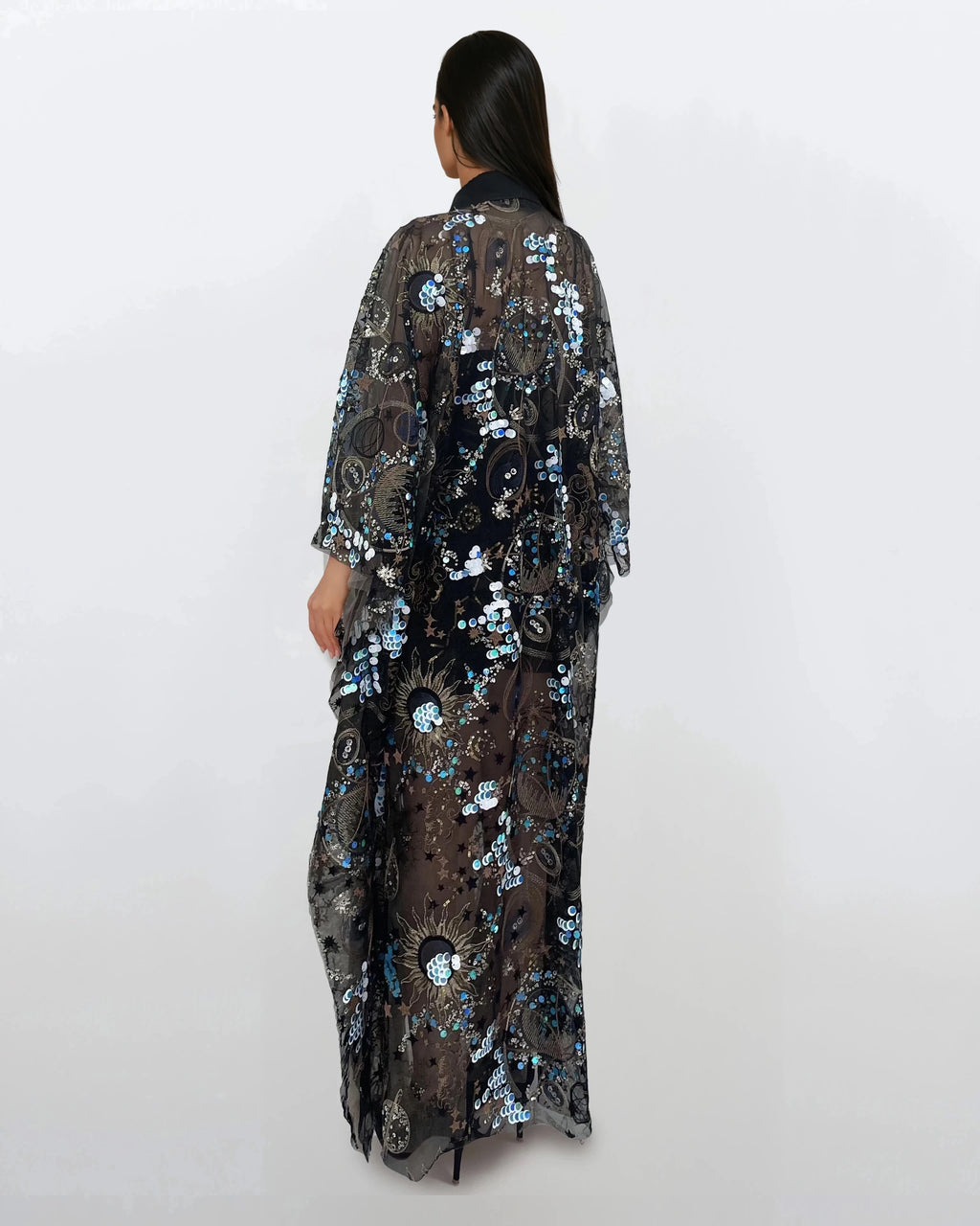 Sequined Lace Kimono - Black Velvet Trim (Long)