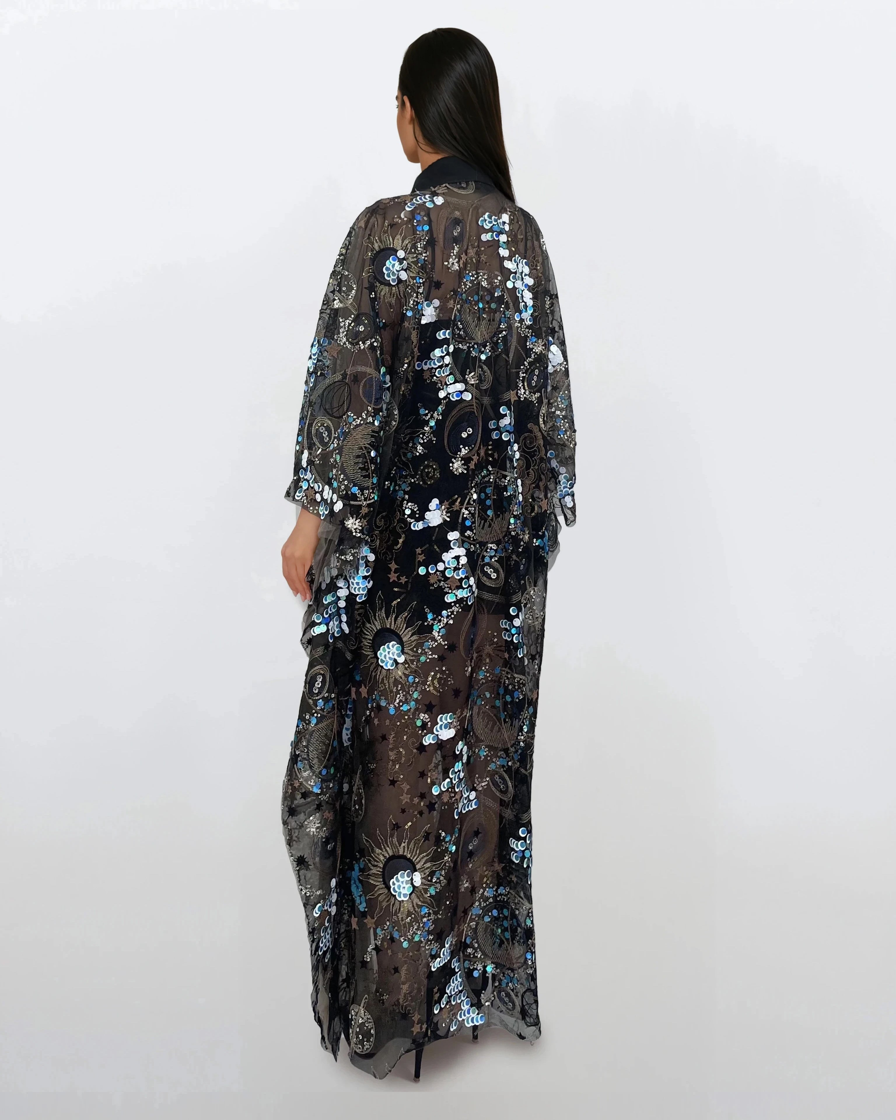 Sequined Lace Kimono - Black Velvet Trim (Long)