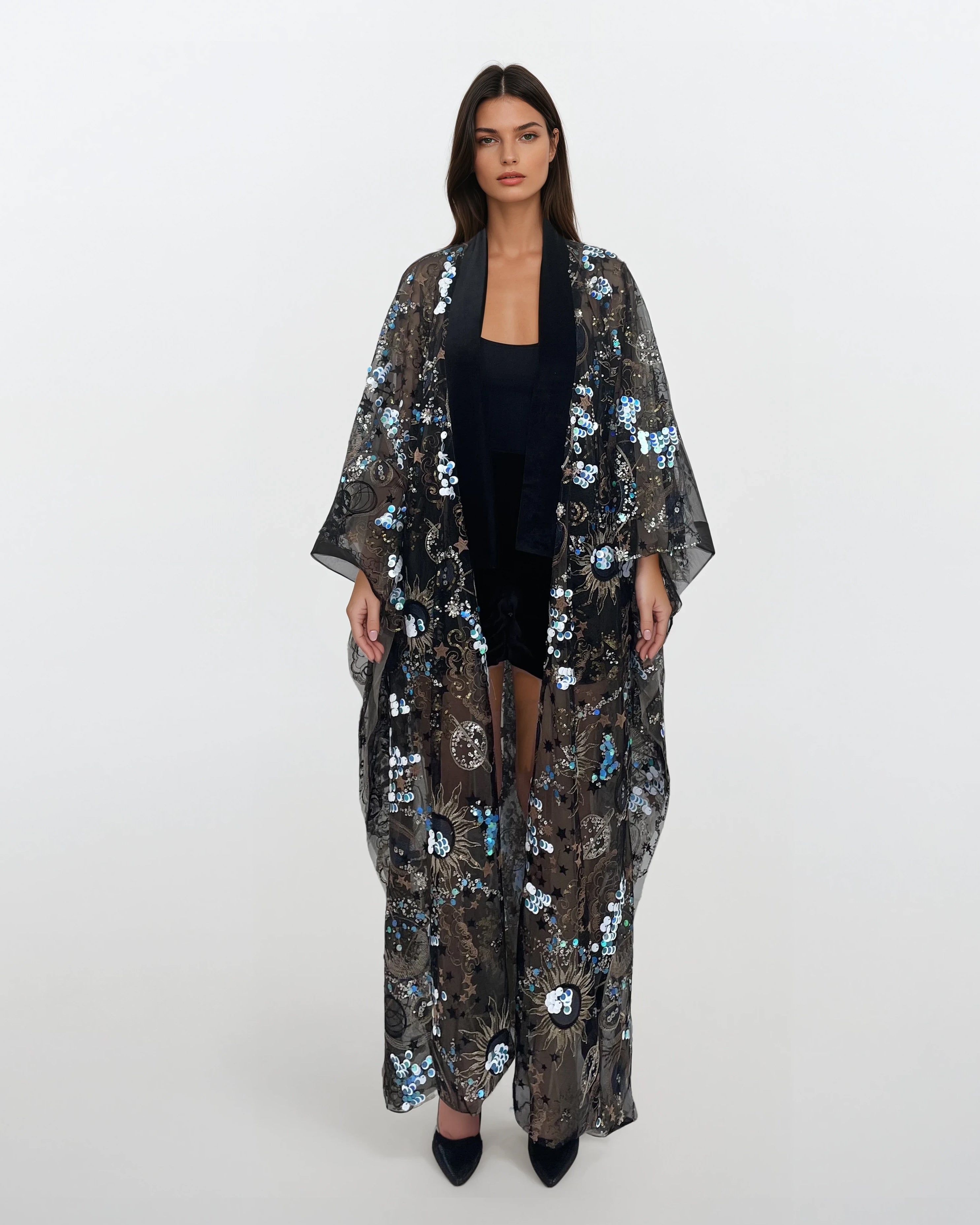 Sequined Lace Kimono - Black Velvet Trim (Long)