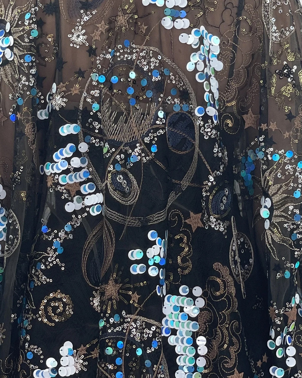 Sequined Lace Kimono - Black Velvet Trim (Long)