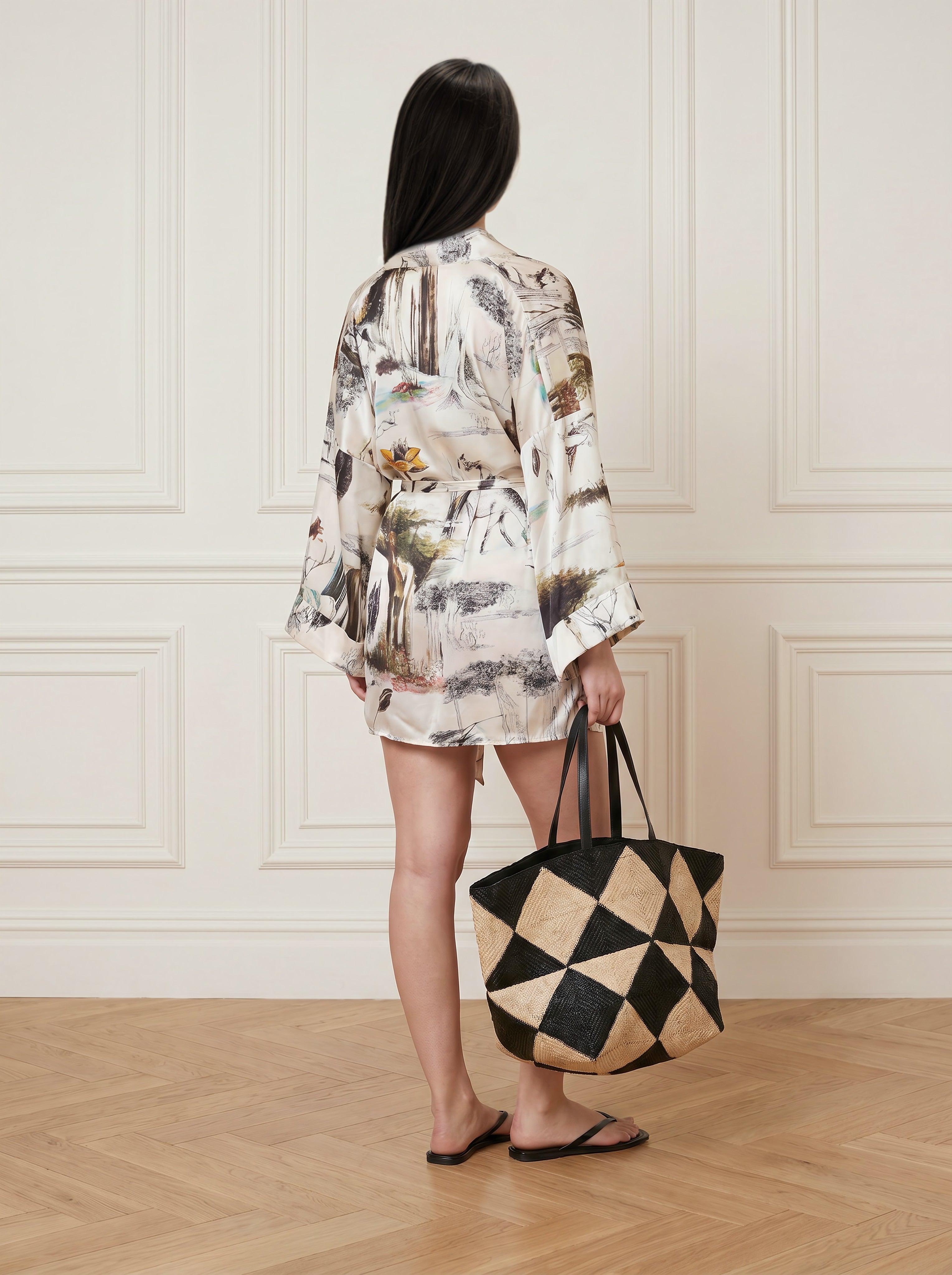 Short Printed Satin Kimono