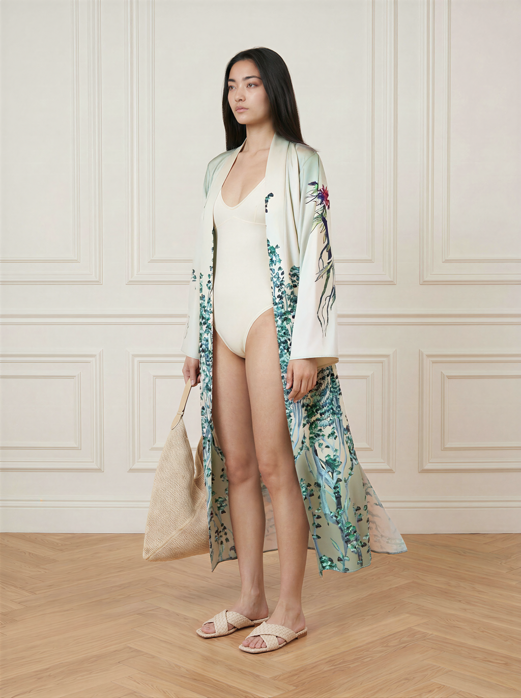 Printed Satin Kimono Robe
