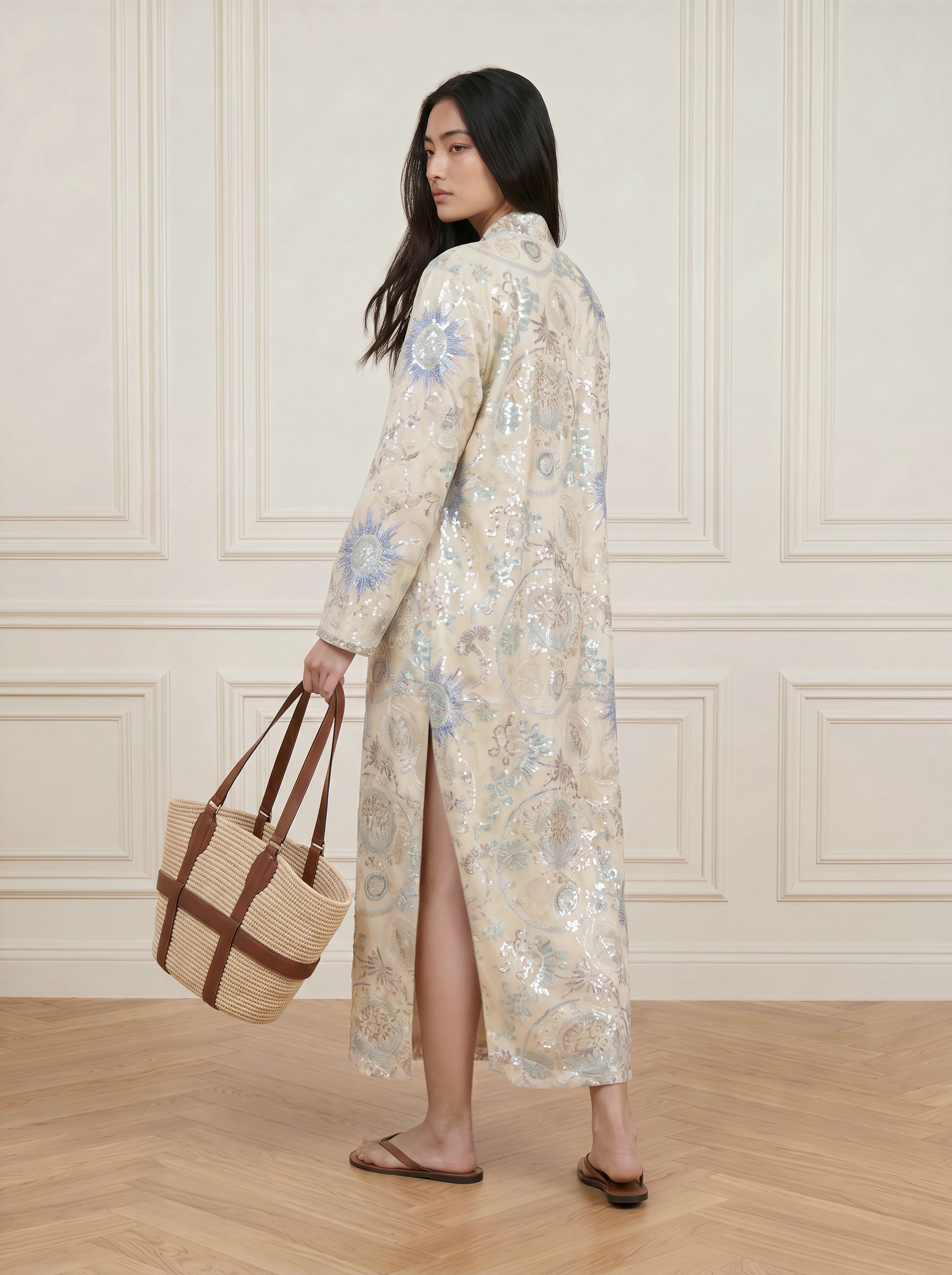 Sequined Lace Kimono Robe - Champagne Gold