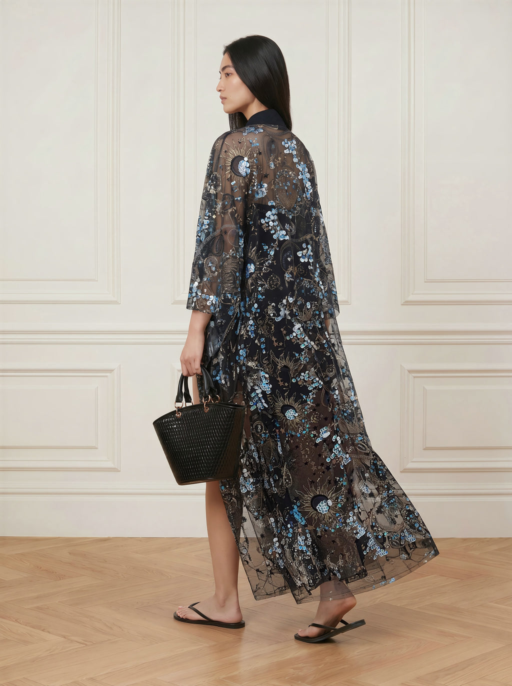Sequined Lace Kimono - Black Velvet Trim (Long)