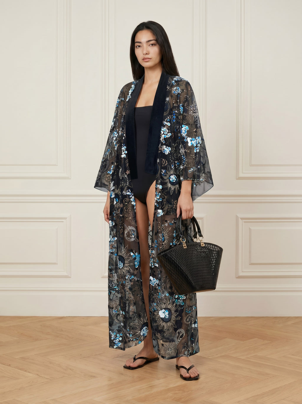 Sequined Lace Kimono - Black Velvet Trim (Long)