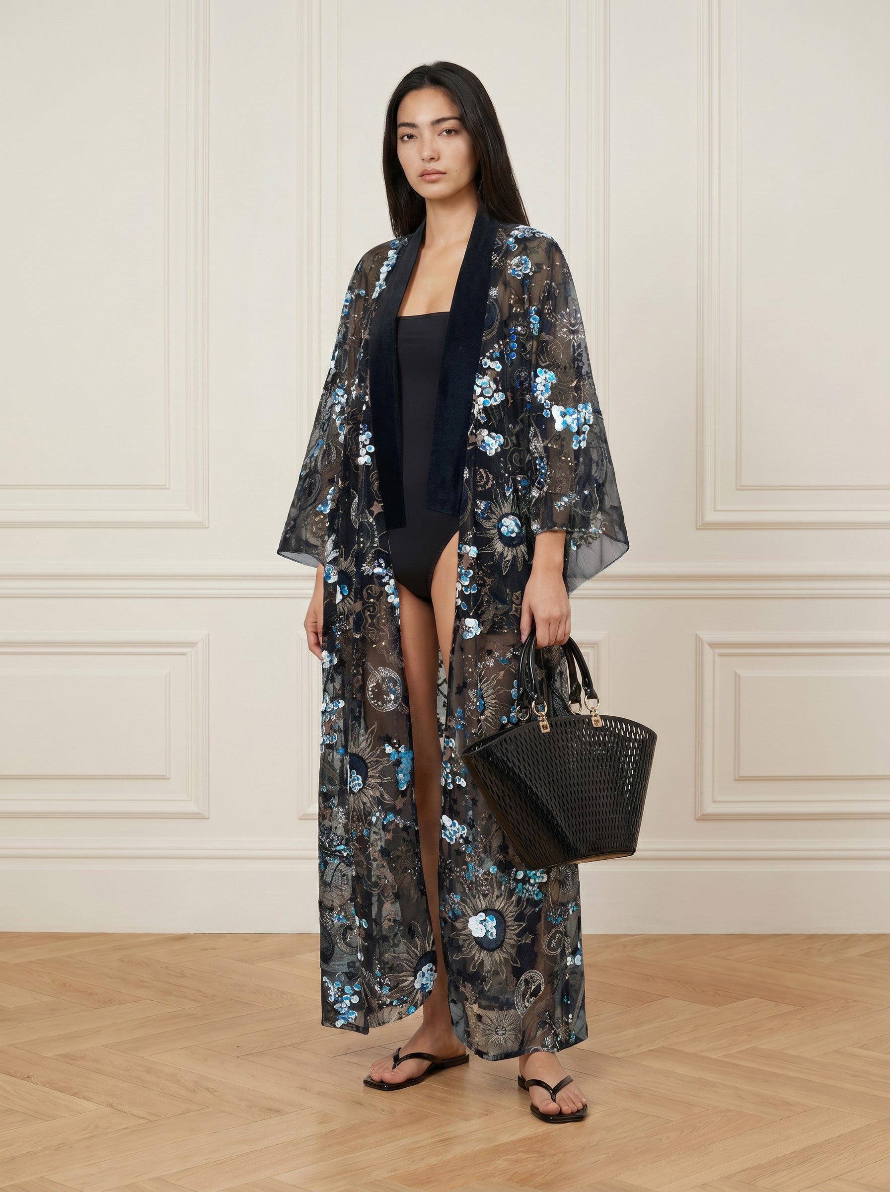 Sequined Lace Kimono - Black Velvet Trim (Long)