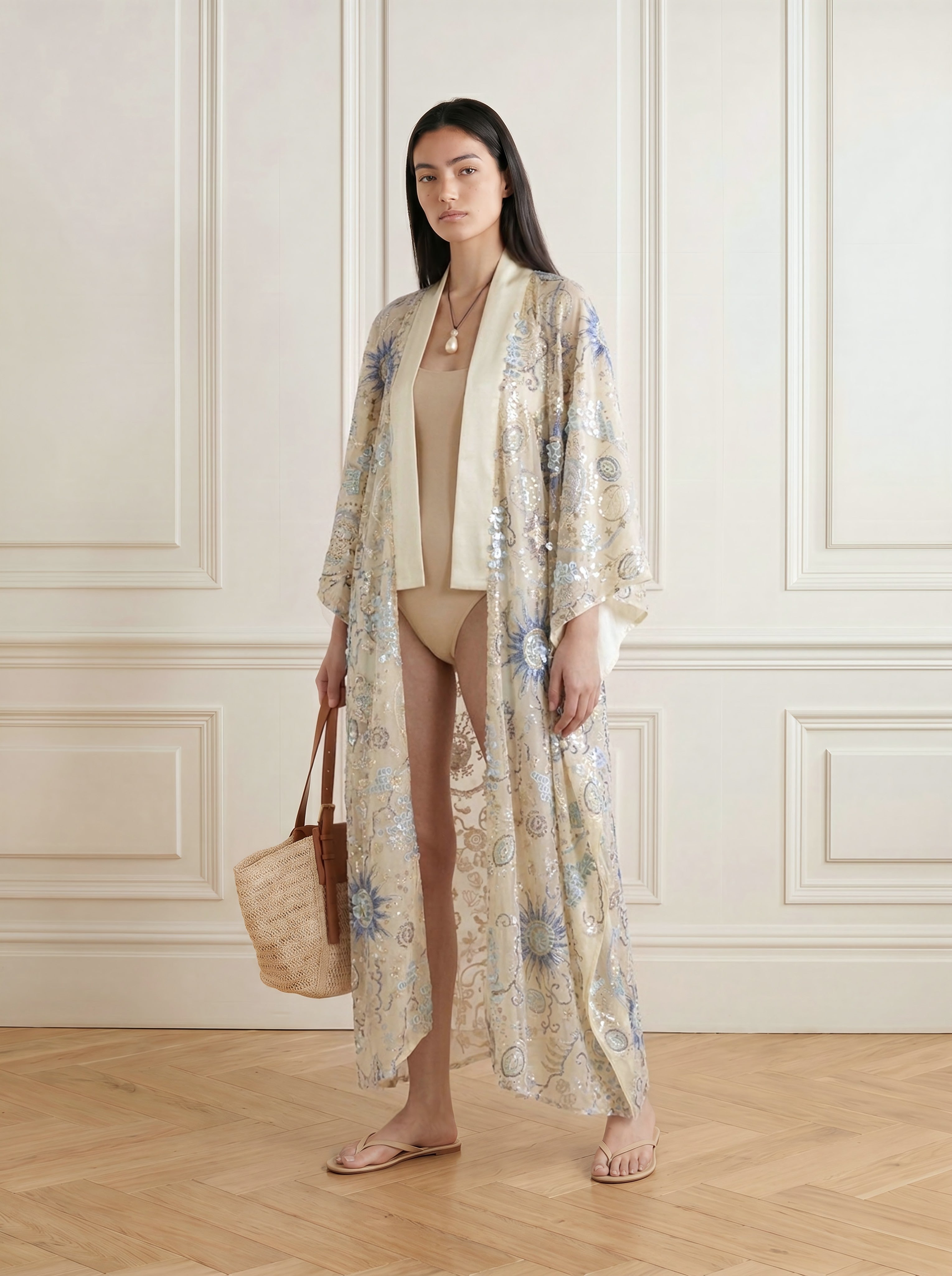 Sequined Lace Kimono - Champagne Gold