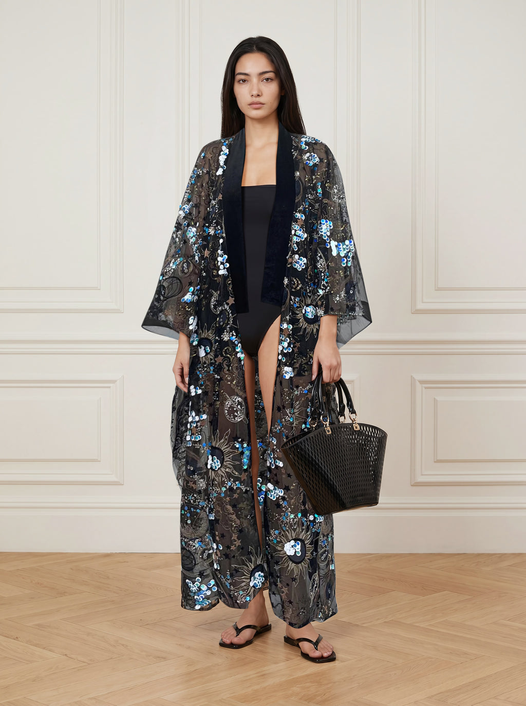 Sequined Lace Kimono - Black Velvet Trim (Long)